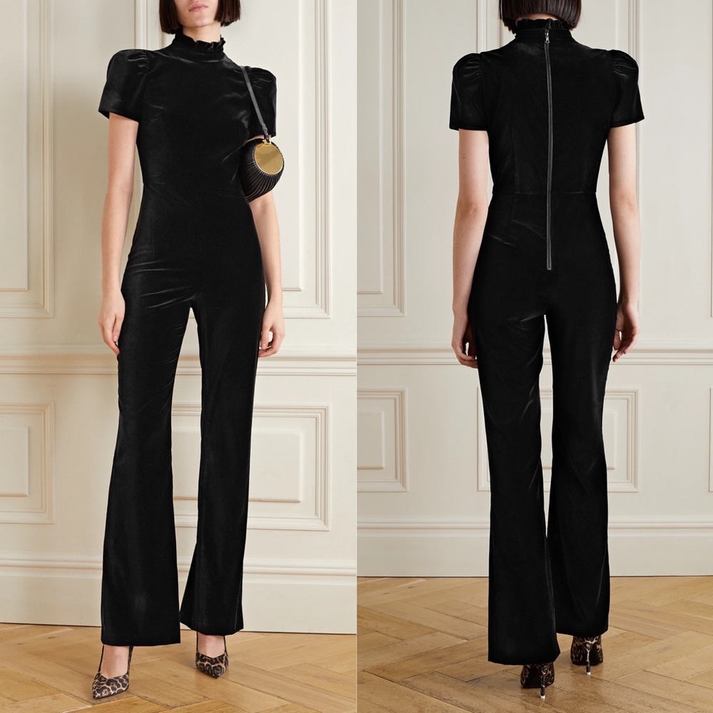 NWT Alice + Olivia Black Velvet Short-Sleeve High-Neck Jumpsuit